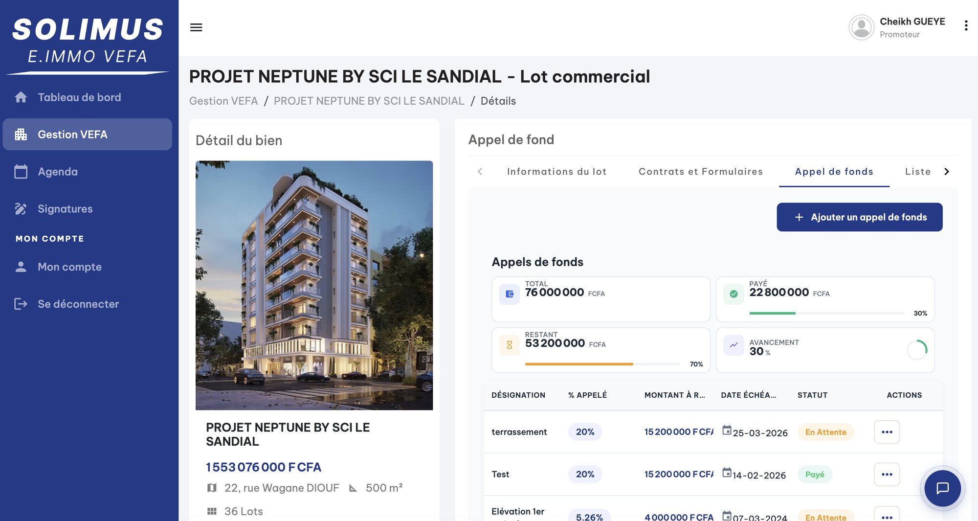 Solimus VEFA : appels de fonds d’un lot du projet Neptune